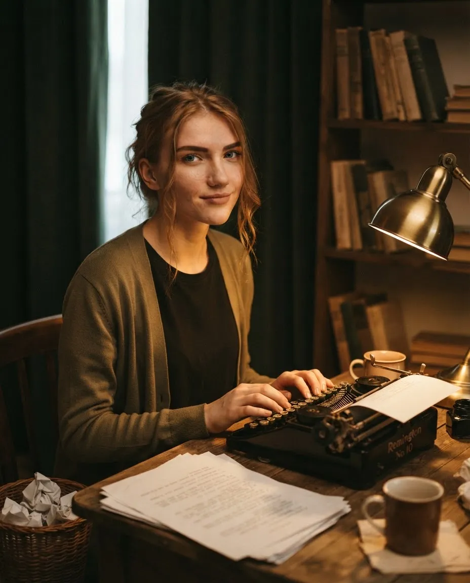 Young woman at a wooden desk with a manual typewriter and stacked paper under a warm lamp
